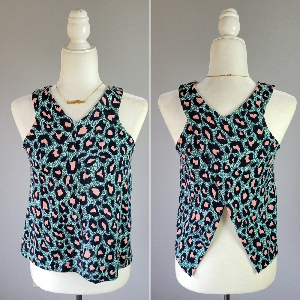H&M LUXE // turquoise & pink leopard sleeveless open back super soft knit top